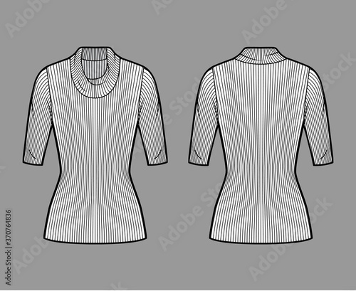 Ribbed cowl turtleneck knit sweater technical fashion illustration with elbow sleeves, close-fitting shape, tunic length. Flat sweater apparel template front back white color. Women men unisex top CAD