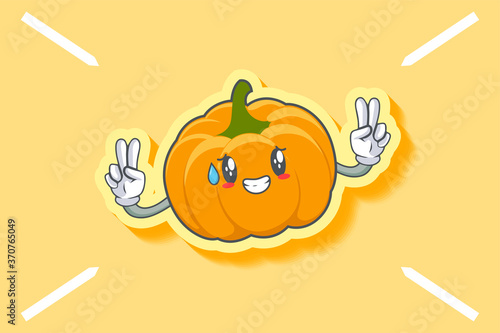 NERVOUS, PHEW, DISAPPOINTED, RELIEVED Face Emotion. Double Peace Hand Gesture. Yellow, Orange Pumpkin Fruit Cartoon Drawing Mascot Illustration.