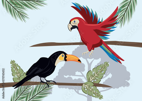 wild toucan and parrot birds flying in the jungle