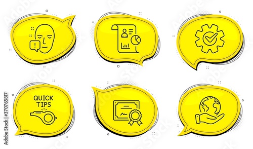Report sign. Diploma certificate, save planet chat bubbles. Tutorials, Face attention and Cogwheel line icons set. Quick tips, Exclamation mark, Engineering tool. Work statistics. Science set. Vector