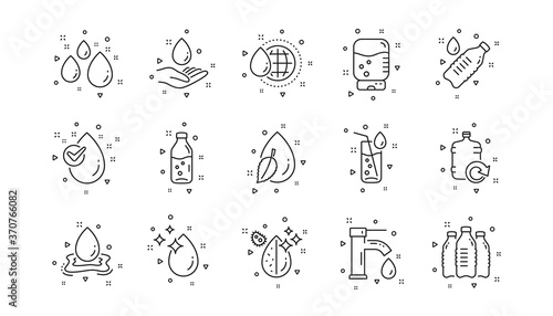 Bottle, Antibacterial filter and Tap water. Water drop line icons. Clean water linear icon set. Geometric elements. Quality signs set. Vector