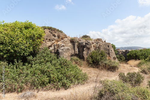 Remains of the ruins of the old Phoenician fortress, which later became the Roman city of Kart, near the city of Atlit in northern Israel