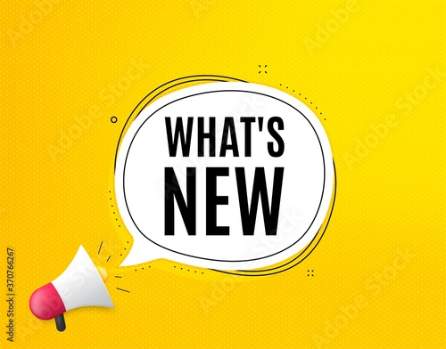 Whats new symbol. Megaphone banner with chat bubble. Special offer sign. New arrivals symbol. Loudspeaker with speech bubble. Whats new promotion text. Social Media banner. Vector