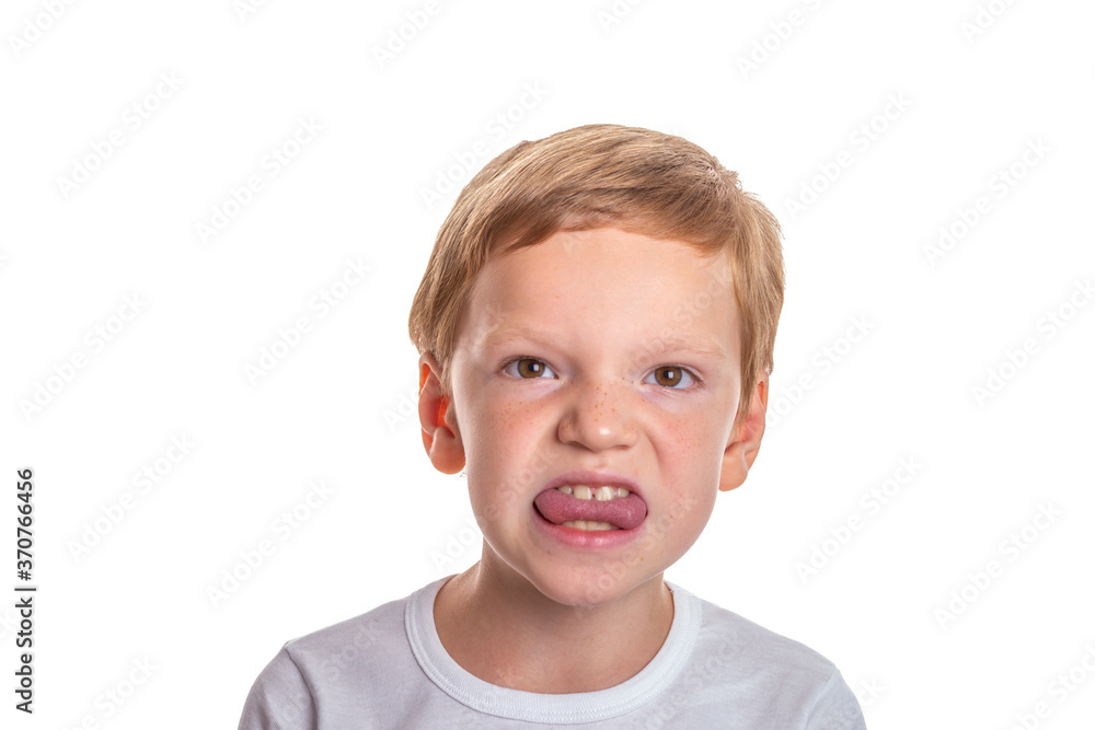 Speech therapy concept. Little boy doing exercises for correct pronunciation. Isolation on a white background. High quality photo Speech therapy concept. Little boy doing exercises for correct pronunciation. Isolation on a white background. High quality photo