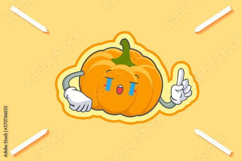 CRYING, SAD, SOB, CRY Face Emotion. Forefinger Hand Gesture. Yellow, Orange Pumpkin Fruit Cartoon Drawing Mascot Illustration.