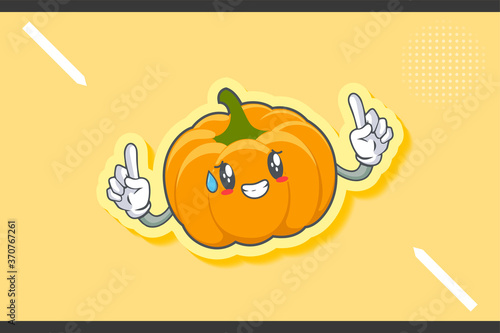 NERVOUS, PHEW, DISAPPOINTED, RELIEVED Face Emotion. Double Forefinger Hand Gesture. Yellow, Orange Pumpkin Fruit Cartoon Drawing Mascot Illustration. photo