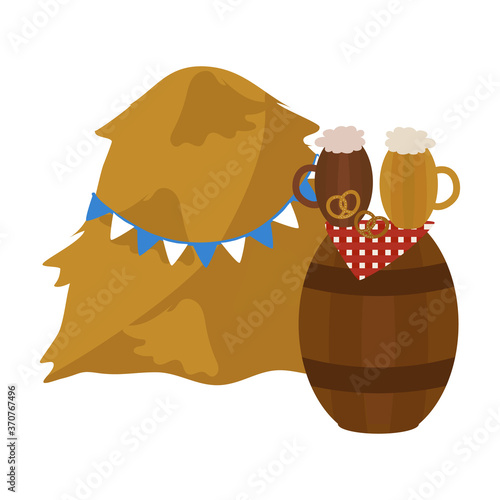 Haystack, beer mugs, barrel flags, German pretzel, design elements for Oktoberfest. Vector illustration isolated.