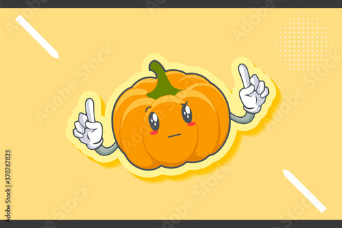REALLY, ATTENTIVE, Curios Face Emotion. Double Forefinger Hand Gesture. Yellow, Orange Pumpkin Fruit Cartoon Drawing Mascot Illustration.