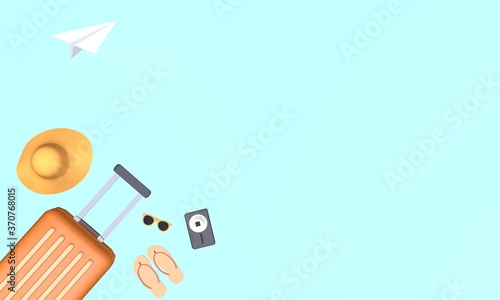 Orange suitcase with hat, sunglasses, camera and slipper with flying paper airplane on blue background. Travel vacation holiday concept. 3d rendering illustration