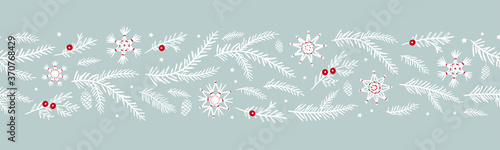 Stampa su Tela Cute hand drawn horizontal seamless pattern with fir branches and hanging decora