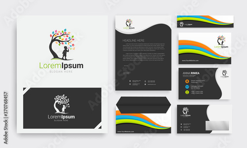 Corporate identity branding template. colorful vector stationery design with Tree kids childcare logo
