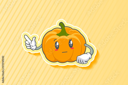 REALLY, ATTENTIVE, Curios Face Emotion. Finger Gun Hand Gesture. Yellow, Orange Pumpkin Fruit Cartoon Drawing Mascot Illustration.