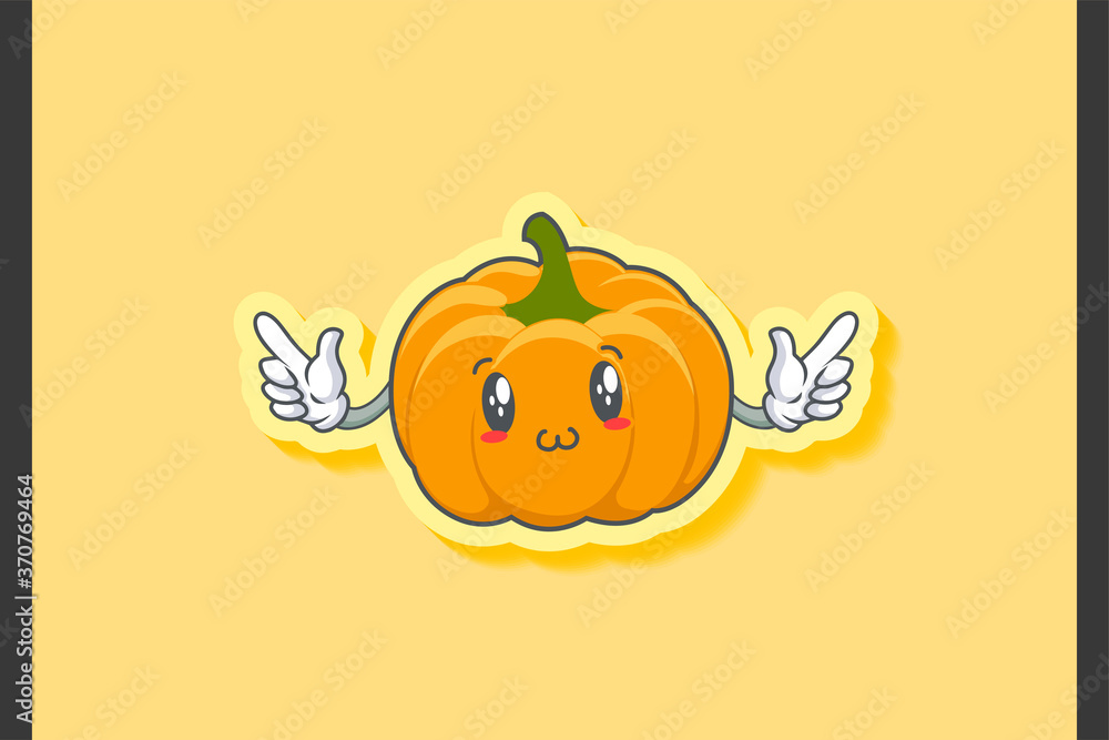 SMILING, HAPPY, UWU Face Emotion. Double Finger Gun Hand Gesture. Yellow, Orange Pumpkin Fruit Cartoon Drawing Mascot Illustration. SMILING, HAPPY, UWU Face Emotion. Double Finger Gun Hand Gesture. Yellow, Orange Pumpkin Fruit Cartoon Drawing Mascot Illustration.