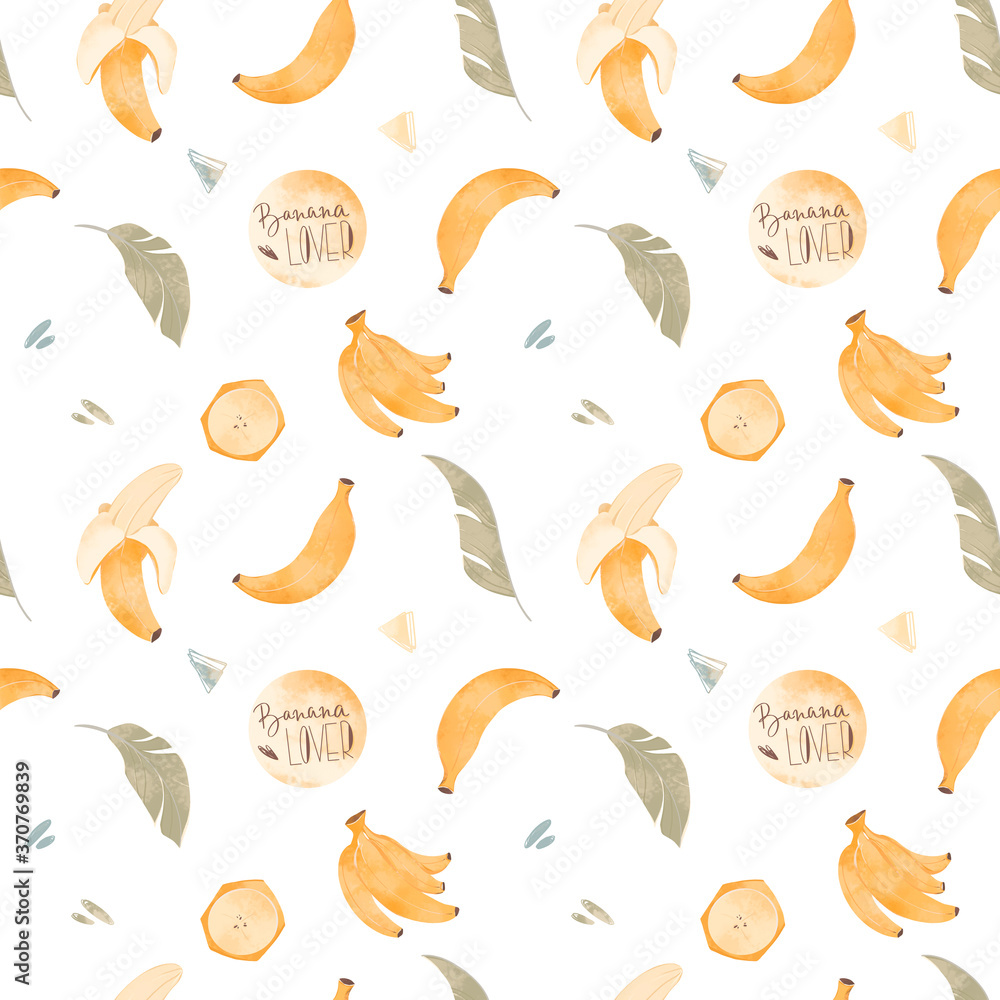 Cute kawaii seamless square pattern yellow banana on white background. Textured digital art. Print for wrapping paper, fabrics, textiles, apparel, stickers, postcards, commercial packaging, wallpaper Cute kawaii seamless square pattern yellow banana on white background. Textured digital art. Print for wrapping paper, fabrics, textiles, apparel, stickers, postcards, commercial packaging, wallpaper