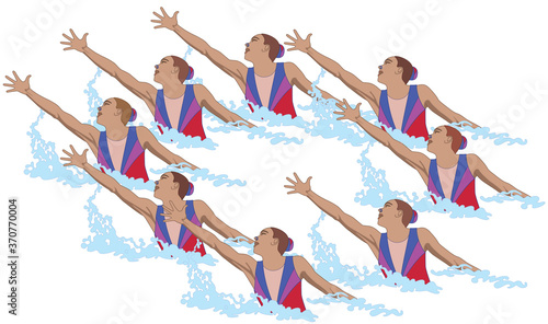 synchronized swimmers, group of eight in pose splashing out of water isolated on a white background