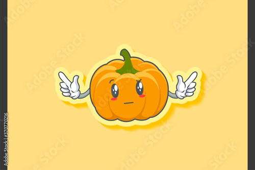 REALLY, ATTENTIVE, Curios Face Emotion. Double Finger Gun Hand Gesture. Yellow, Orange Pumpkin Fruit Cartoon Drawing Mascot Illustration.