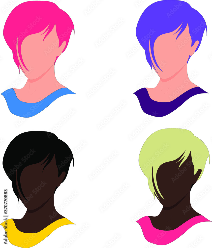 European and african american female faces. Women icons with different colored hair. Set of various isolated girls heads in flat style