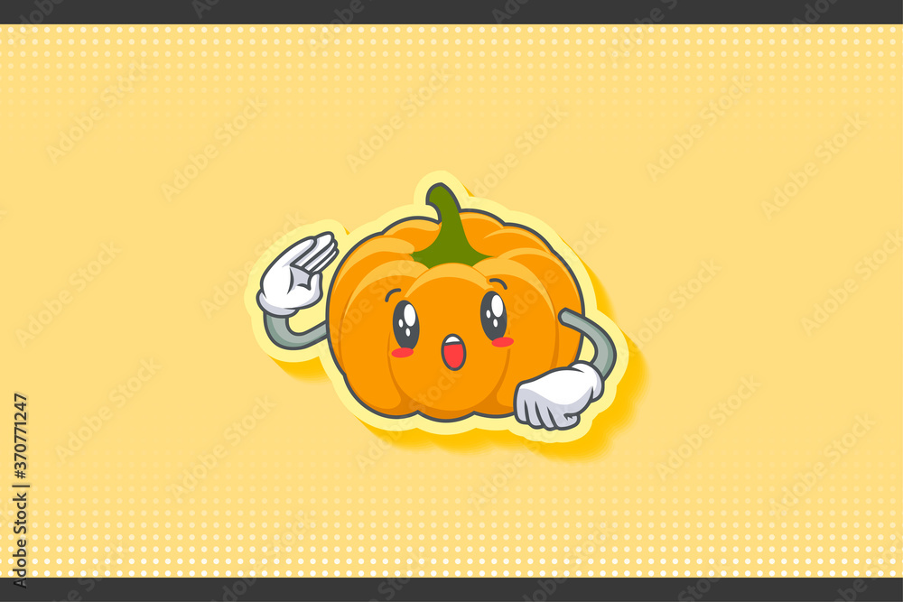 WOW, SURPRISED, AMAZED, DISMAY Face Emotion. Salute Hand Gesture. Yellow, Orange Pumpkin Fruit Cartoon Drawing Mascot Illustration. WOW, SURPRISED, AMAZED, DISMAY Face Emotion. Salute Hand Gesture. Yellow, Orange Pumpkin Fruit Cartoon Drawing Mascot Illustration.