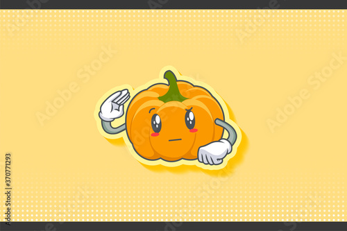 REALLY, ATTENTIVE, Curios Face Emotion. Salute Hand Gesture. Yellow, Orange Pumpkin Fruit Cartoon Drawing Mascot Illustration.