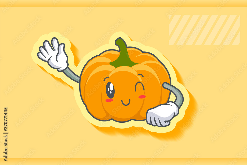 WINK, SMILING, cheerful, Smiling Face Emotion. Waving Hand Gesture. Yellow, Orange Pumpkin Fruit Cartoon Drawing Mascot Illustration. WINK, SMILING, cheerful, Smiling Face Emotion. Waving Hand Gesture. Yellow, Orange Pumpkin Fruit Cartoon Drawing Mascot Illustration.