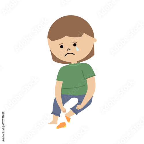 靴下が上手に履けずに泣く女の子のイラスト