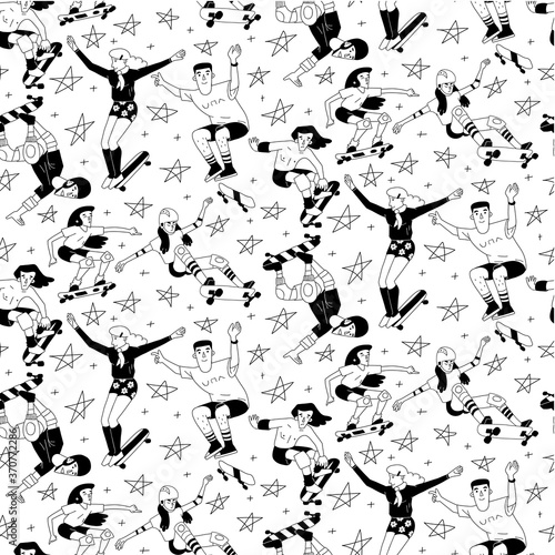 Black and white skateboarding seamless pattern. Diverse group of people on skateboards, male and female skaters. Branding for skating website, shop, competition.
