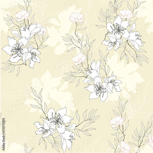 Wallpaper Mural Delicate floral pattern with flowers on a yellow background. Seamless vintage texture for fabric dresses, bedding and home textiles. Torontodigital.ca