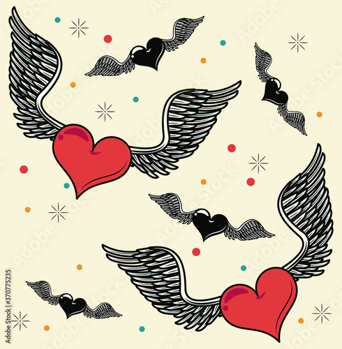 hearts with wings flying tattoo studio pattern