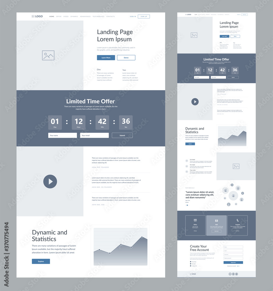 Landing page wireframe design for business. One page site layout template. Modern responsive design. UX UI website: home, offer, video, dynamic and statistics, advantages, testimonials, contacts. Landing page wireframe design for business. One page site layout template. Modern responsive design. UX UI website: home, offer, video, dynamic and statistics, advantages, testimonials, contacts.