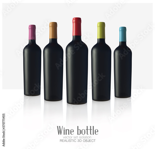 Vector bottls of wine made of black matte glass, isolated on a white background. Alcohol close-up. Soft glares. 3d render. Template for design, advertising, branding.