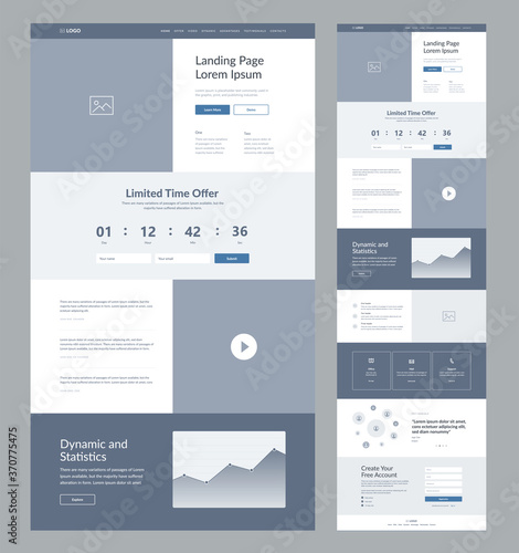 Landing page wireframe design for business. One page site layout template. Modern responsive design. UX UI website: home, offer, video, dynamic and statistics, advantages, testimonials, contacts.