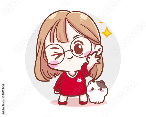 Character of cute girl and little cat showing ok hand sign isolated on white background with happy time and cheerful mood.