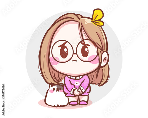 Character of cute girl and little cat feeling sorry and apologize isolated on white background with mistake or forgiveness.