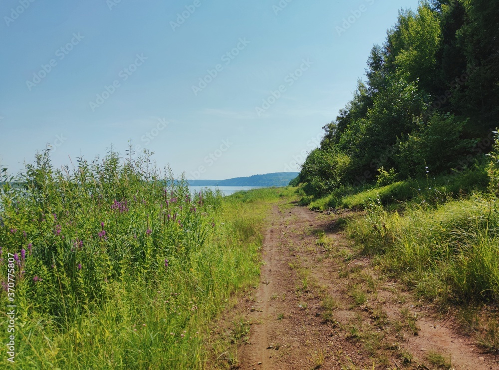 coastal road among green grass on a background of blue sky on a sunny day coastal road among green grass on a background of blue sky on a sunny day