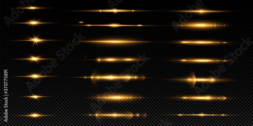 Yellow horizontal lens flares pack. Laser beams, horizontal light rays. Glow transparent vector light effect set, explosion, shine, spark, solar flare.