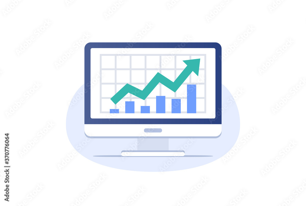 Performance chart on computer screen. Business analytic finance graph report. Data analysis concept. Vector illustration in flat style. Performance chart on computer screen. Business analytic finance graph report. Data analysis concept. Vector illustration in flat style.