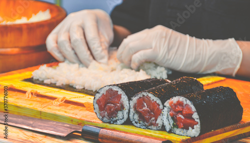 Photography Sushi at Tsukiji fish market, Tokyo, Japan