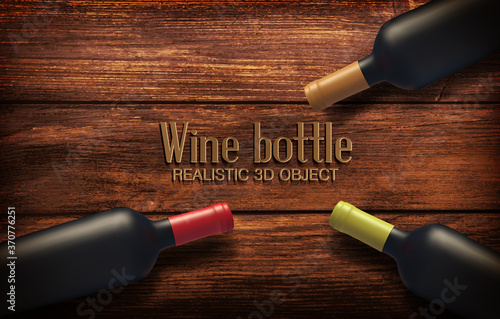 .Realistic Vector illustration with three wine bottles on a wooden background. View from above. Alcohol close-up. Soft glares.  Template for design, advertising, branding.