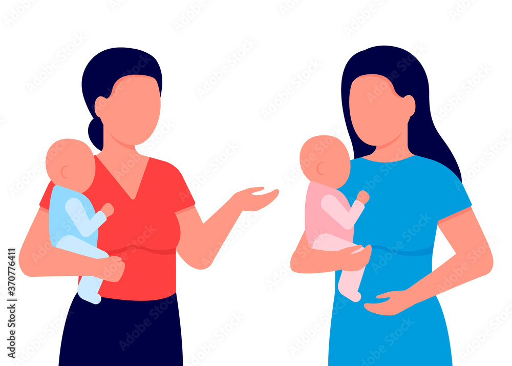 Communication of young mothers with babies in their arms. Women discuss children, share experiences, advise. Young mothers club. Vector illustration on white background Communication of young mothers with babies in their arms. Women discuss children, share experiences, advise. Young mothers club. Vector illustration on white background