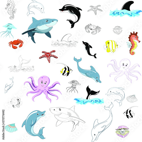 Large set of cartoon underwater animals.  Wallpaper coloring for kids. Huge poster for coloring
