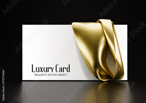 Horizontal white card with a drapery of gold fabric. Vector 3d illustration. Template for presentation, advertising.