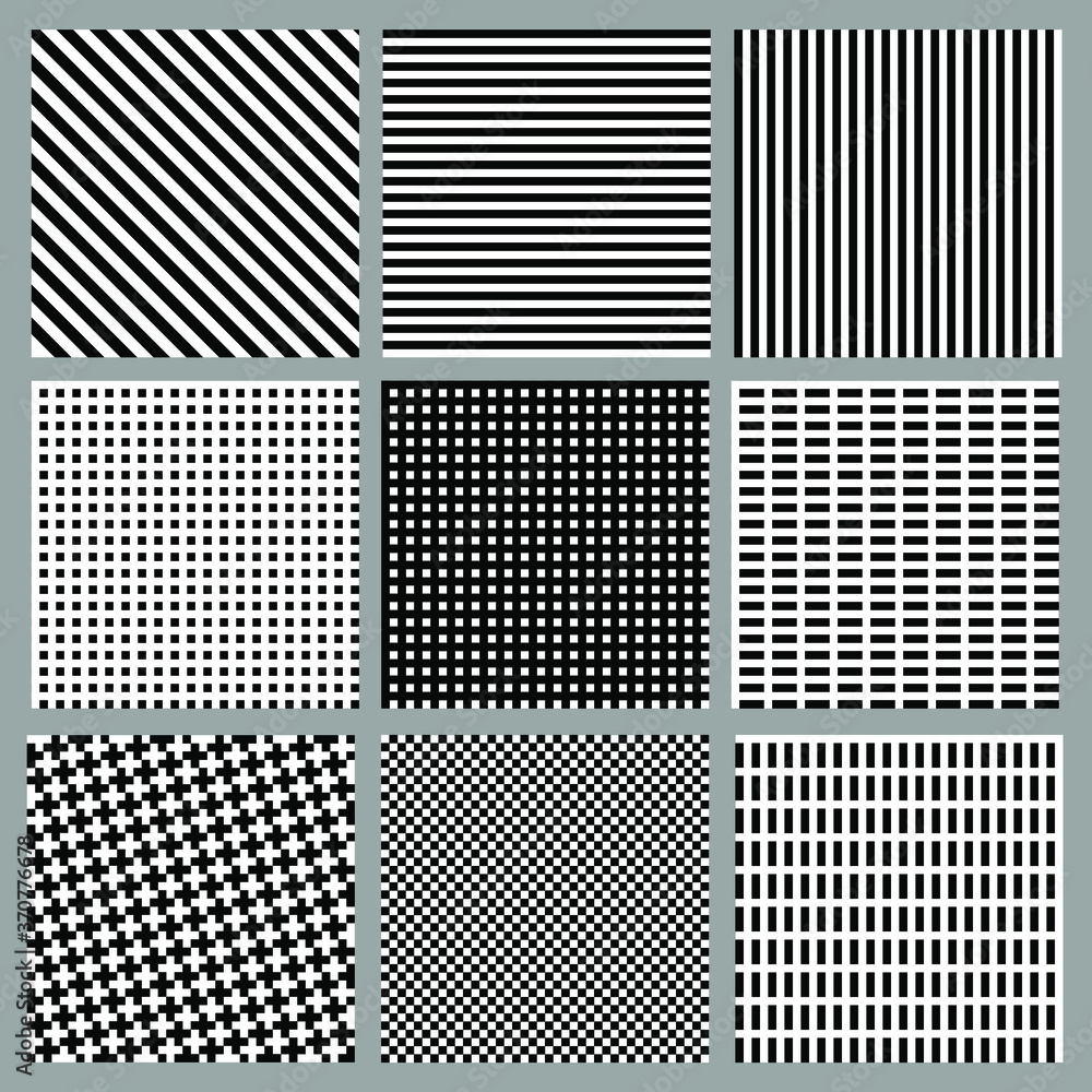 Set of patterns for new geometrical design. Black and white stripes and crosses