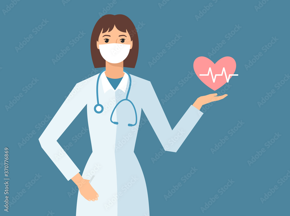 Female doctor with medical face mask holding symbol of heart Female doctor with medical face mask holding symbol of heart