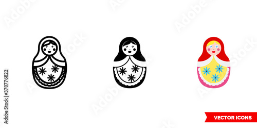 Matrioshka russian symbols icon of 3 types color, black and white, outline. Isolated vector sign symbol.