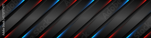 Abstract black stripes with blue red neon glowing light. Vector technology banner design