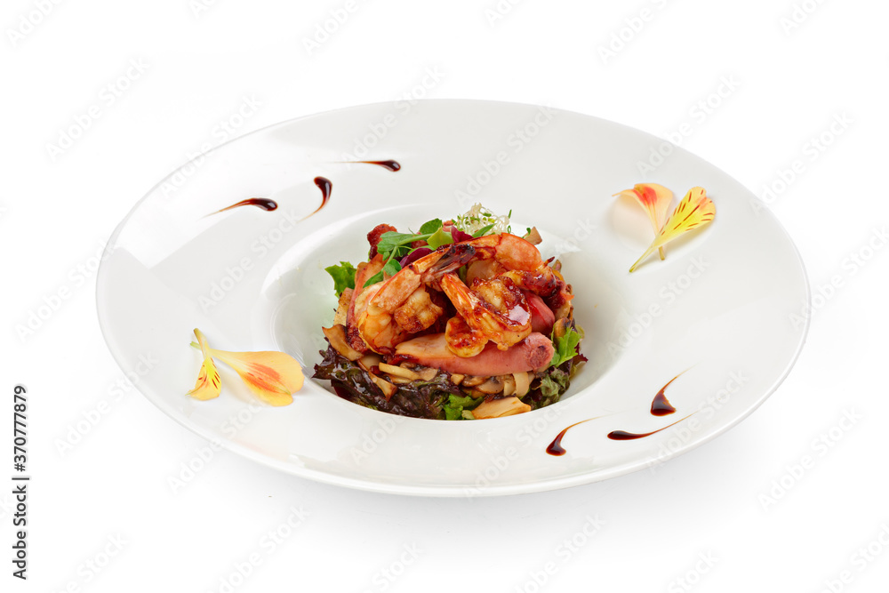 Salad with grilled shrimps isolated on white Salad with grilled shrimps isolated on white