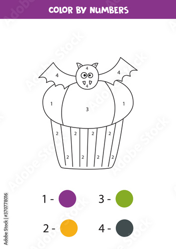 Coloring cute Halloween bat cupcake by numbers. Math game.