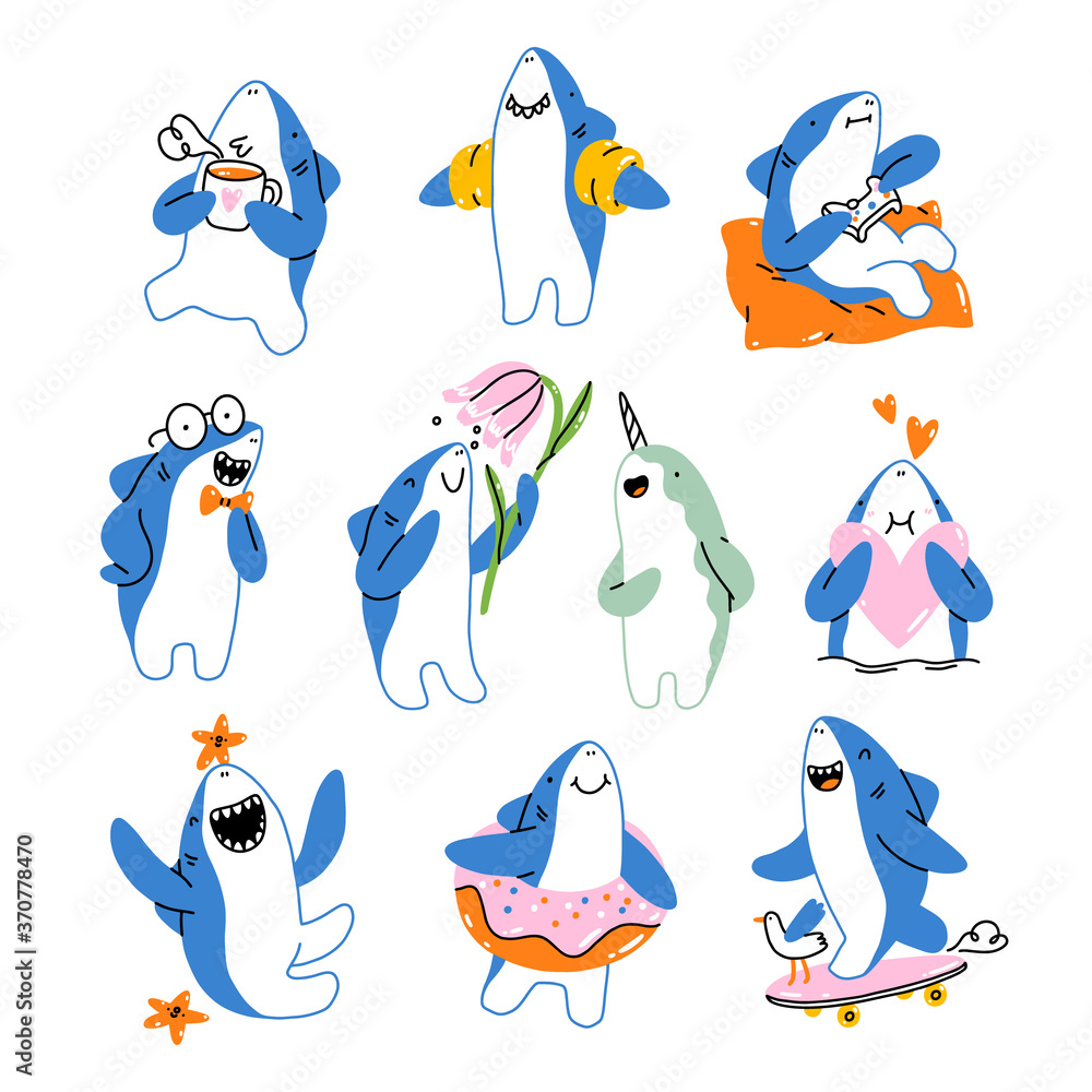 Cute shark cartoon vector mascot collection Stock Vector | Adobe Stock