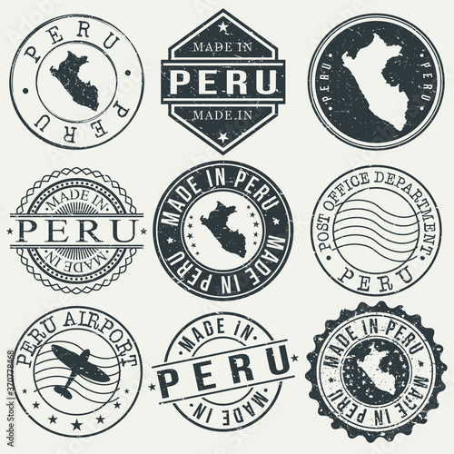 Peru Set of Stamps. Travel Stamp. Made In Product. Design Seals Old Style Insignia.