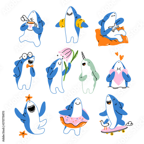Cute shark cartoon vector mascot collection